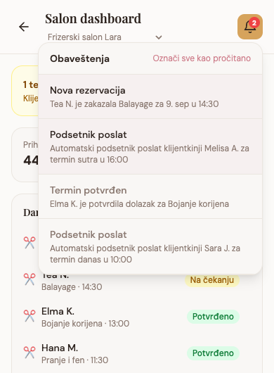 Automatski podsetnici u salon dashboardu